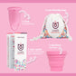 UVA menstrual cup set with pink menstrual cup, sterilizer, eco-friendly storage bag, and user guide on a pink background.