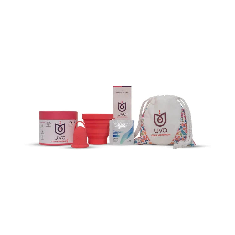 Menstrual cup set with pink cup, storage pouch, lubricant, collapsible sterilizer, and packaging.