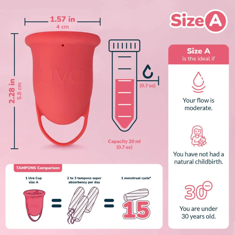 Red menstrual cup size A with dimensions and capacity, ideal for moderate flow and under 30 years old.