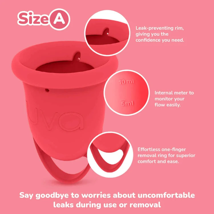 Red menstrual cup size A with leak-preventing rim, flow meter, and easy removal ring.