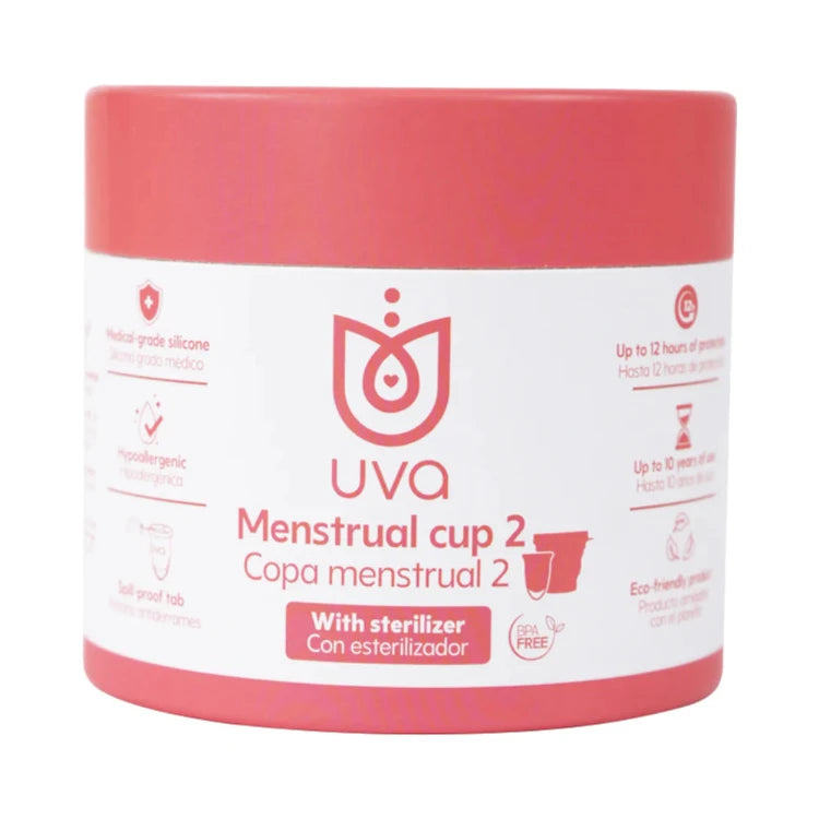 Uva menstrual cup 2 packaging with sterilizer, medical-grade silicone, hypoallergenic, eco-friendly.