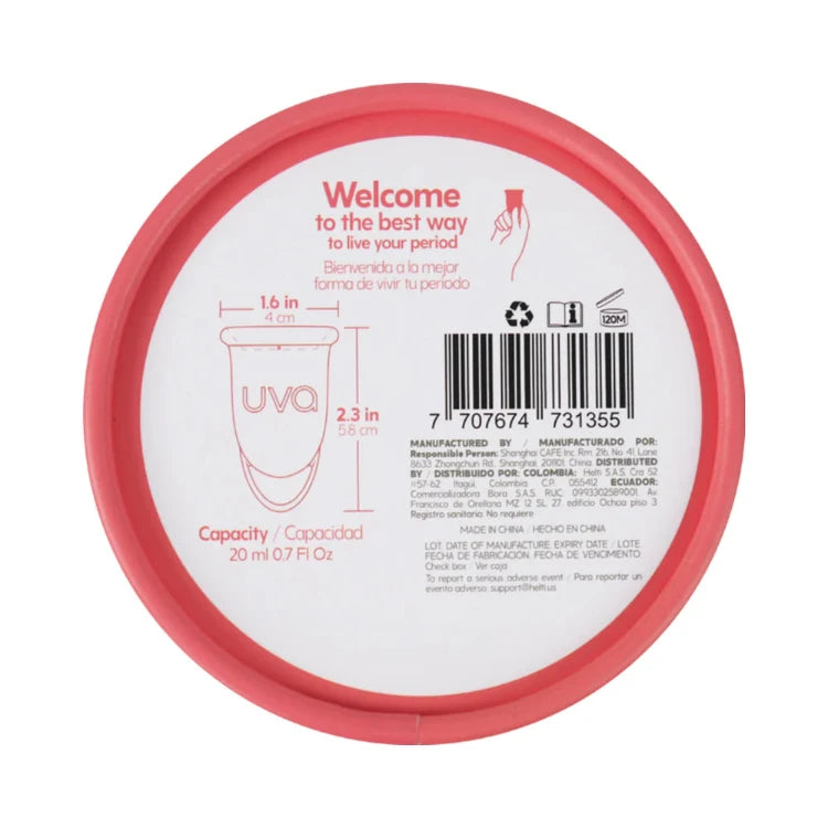Uva menstrual cup container lid showing product size, capacity, and instructions in English and Spanish.