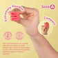 Hand holding a pink menstrual cup, showing its flexibility and compact size against a light background.