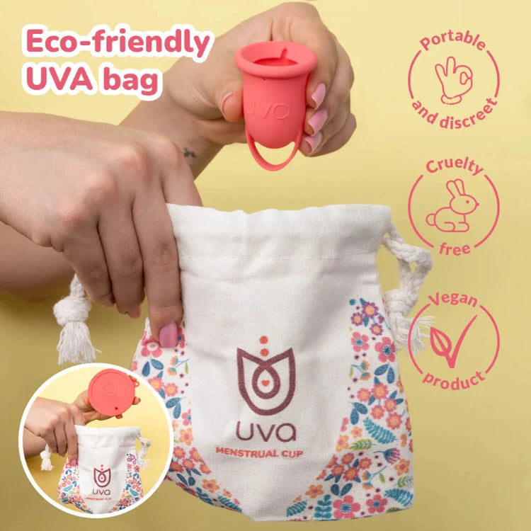 Eco-friendly menstrual cup with floral storage pouch, portable, cruelty-free, vegan product