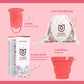 UVA menstrual cup set with eco-friendly bag, retractable sterilizer, and user guide on pink background