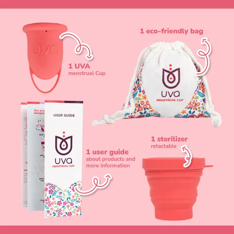 UVA menstrual cup set with eco-friendly bag, retractable sterilizer, and user guide on pink background