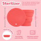Red silicone retractable menstrual cup sterilizer with measurements and usage icons on a pink background.