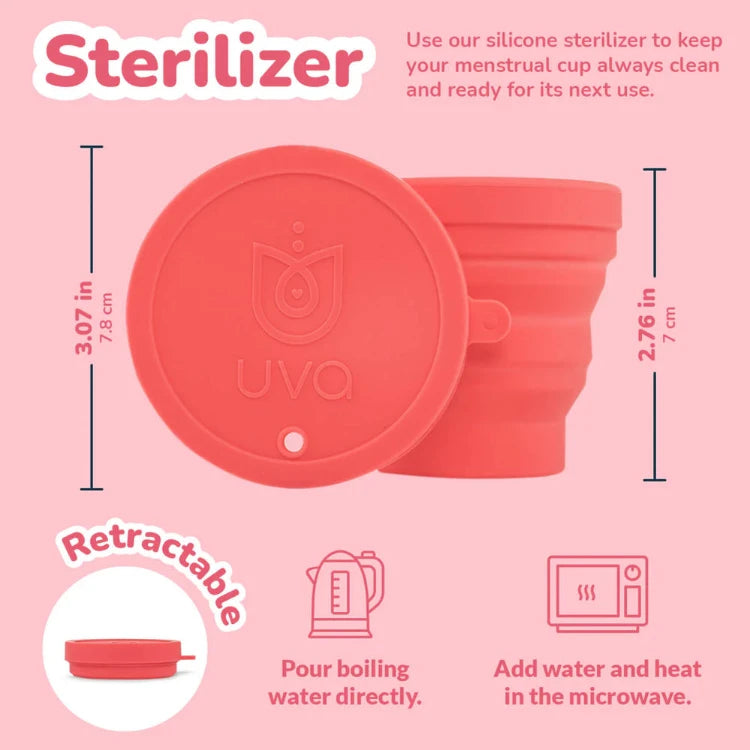 Red silicone retractable menstrual cup sterilizer with measurements and usage icons on a pink background.