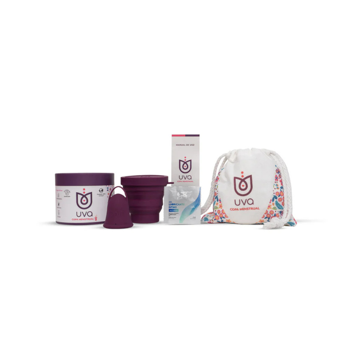 Menstrual cup set with collapsible cup, lubricant sachet, storage pouch, and instructions