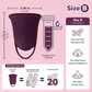 Purple menstrual cup size B with dimensions, 25ml capacity, ideal for women over 30 or heavy flow.