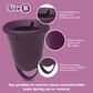 Purple menstrual cup size B with leak-preventing rim, internal flow meter, and removal ring.