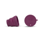 Purple collapsible menstrual cup and matching lid on white background