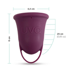 Purple menstrual cup with 25 ml capacity, labeled 'UVA', with size measurements shown.