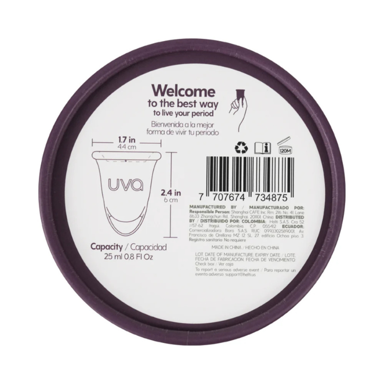 Uva menstrual cup packaging lid showing cup size, capacity 25ml, and product details