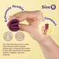 Hand holding a folded, flexible size B purple menstrual cup made of medical-grade silicone.