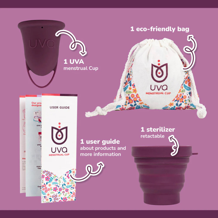 Menstrual cup set with purple cup, eco-friendly storage bag, user guide, and collapsible sterilizer.