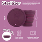 Collapsible silicone menstrual cup sterilizer in purple with lid, labeled with usage instructions.