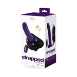 Deep purple rechargeable vibrating strap-on harness kit box with product image