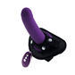 Deep purple rechargeable vibrating strap-on with adjustable harness and remote control