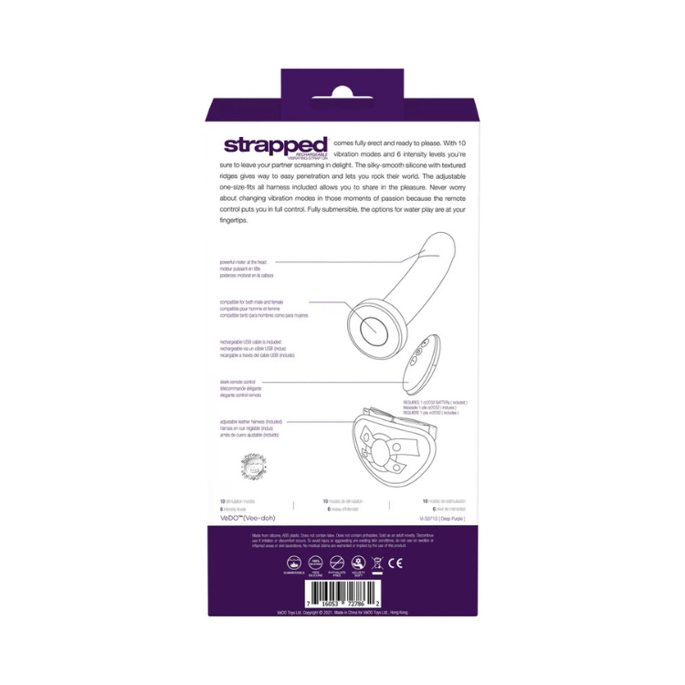 Back packaging of a rechargeable strap-on in deep purple with product features and diagrams.
