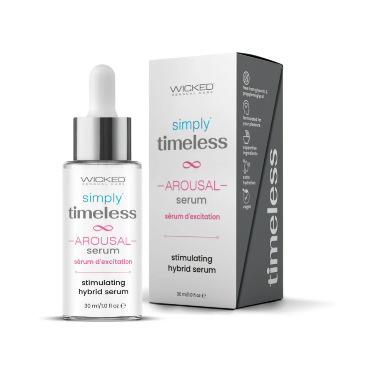 Wicked Simply Timeless Arousal stimulating hybrid serum bottle and box, 30ml