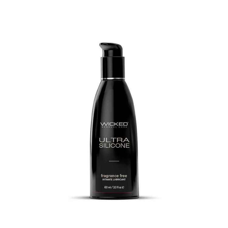 Black 2oz bottle of ultra silicone fragrance free intimate lubricant with pump cap