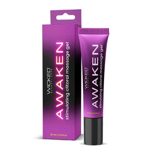 Wicked Awaken stimulating clitoral gel in a slim pink and black tube on white background