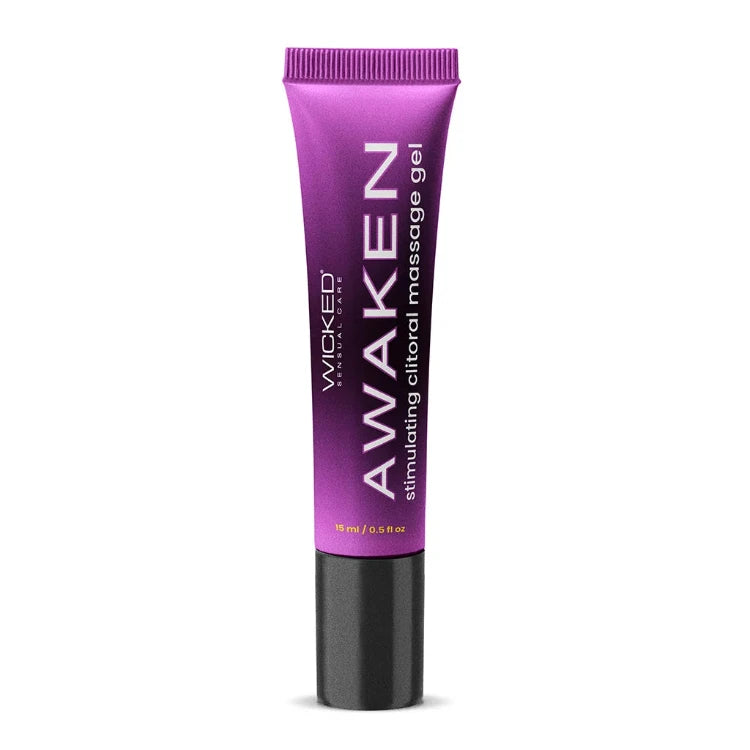 Wicked Awaken stimulating clitoral gel in a slim pink and black tube on white background