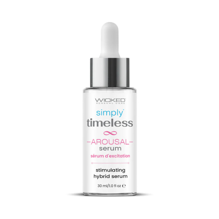 Clear dropper bottle labeled stimulating hybrid arousal serum, 30ml, on white background.