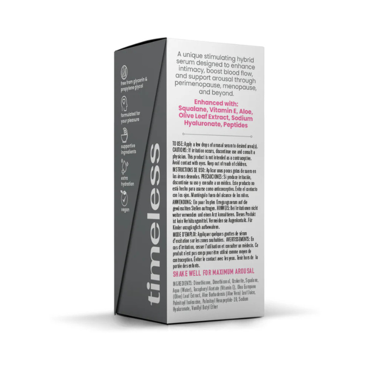 Timeless arousal serum box with product information and ingredient highlights on packaging