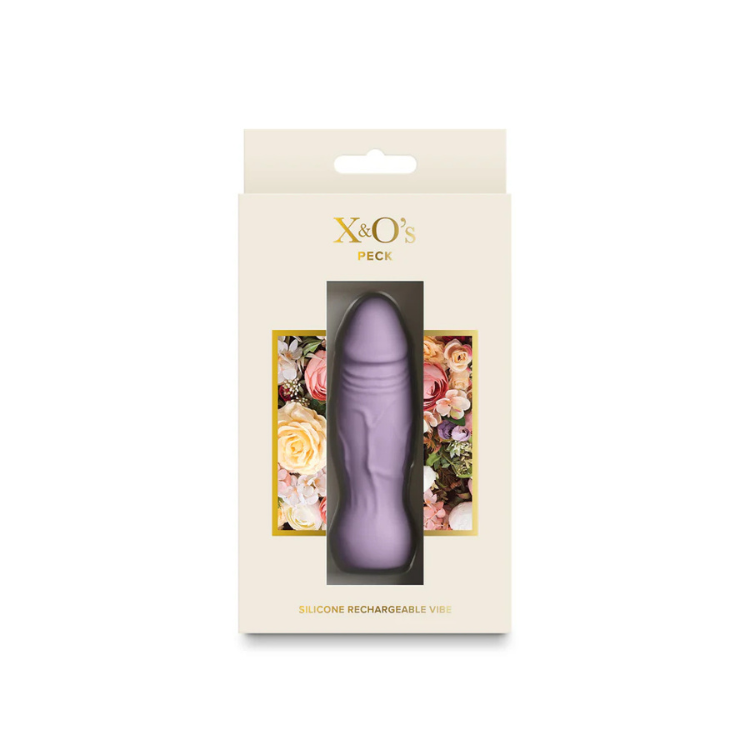 Lavender silicone rechargeable vibrator in floral-themed packaging, visible through window.