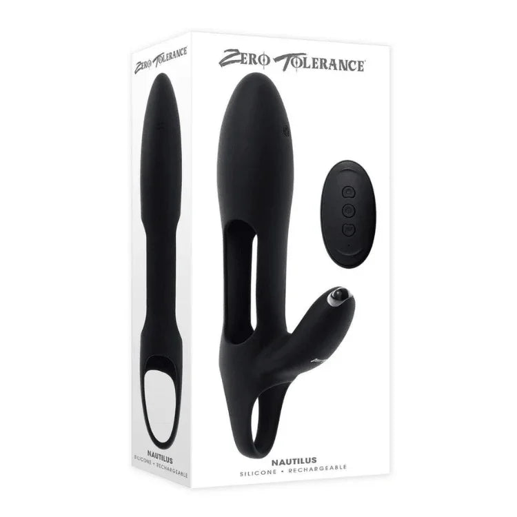 Zero Tolerance Nautilus rechargeable silicone dual cock ring with remote in black packaging