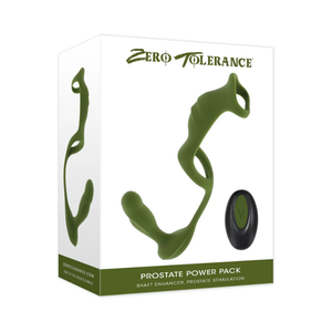 Green prostate massager with remote on white box labeled 'Prostate Power Pack' for wellness