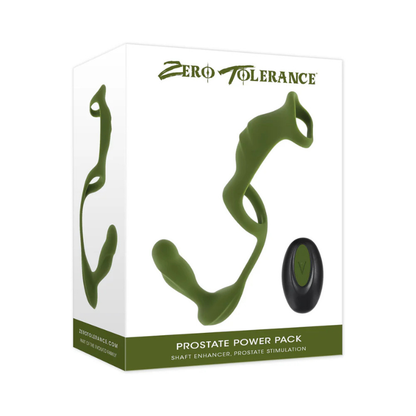 Green prostate massager with remote on white box labeled 'Prostate Power Pack' for wellness