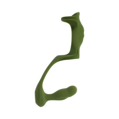 Green silicone prostate massager with ergonomic shape on white background
