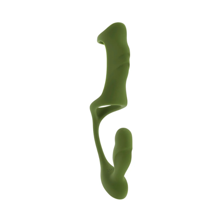 Green silicone prostate massager with curved ergonomic design on white background