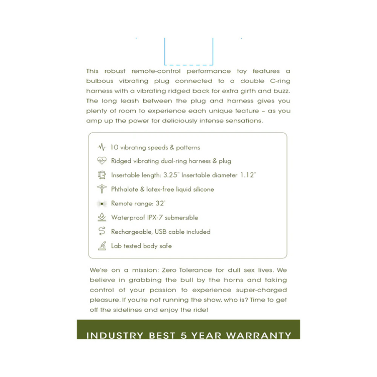 Product features list for remote-control vibrating plug and harness, highlights speeds, silicone, waterproof, rechargeable, warranty.