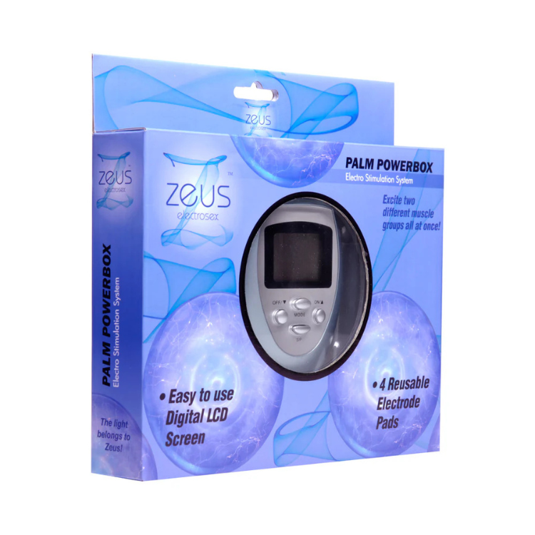 Palm PowerBox electro stimulation system in blue retail packaging with LCD display and control buttons shown.
