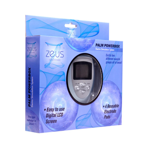 Palm PowerBox electro stimulation system in blue retail packaging with LCD display and control buttons shown.