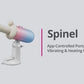 App-controlled portable thrusting, vibrating, and heating dildo on a display stand with product name Spinel.