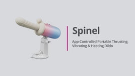 App-controlled portable thrusting, vibrating, and heating dildo on a display stand with product name Spinel.