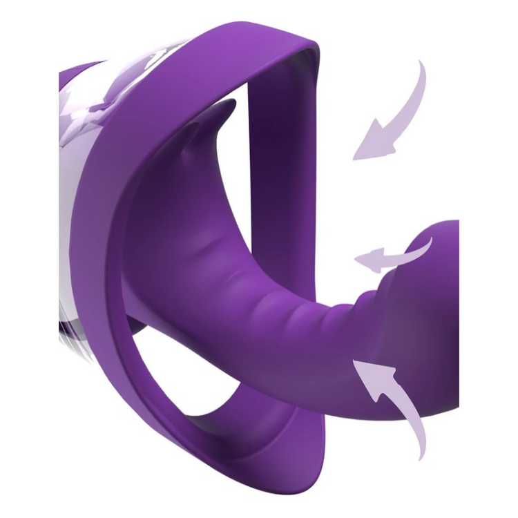 Close-up of a purple textured male masturbator sleeve showing flexibility with motion arrows.