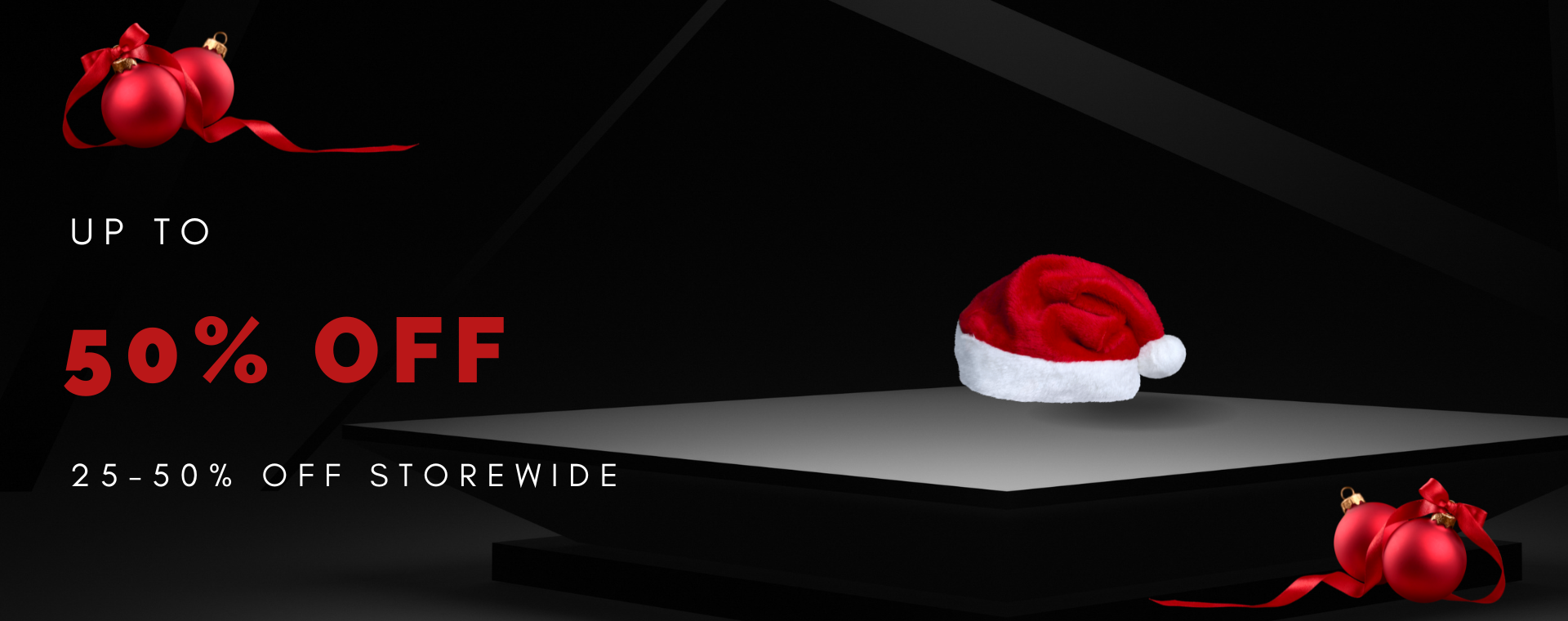 Christmas sale banner with Santa hat on pedestal, red ornaments, and up to 50% off storewide